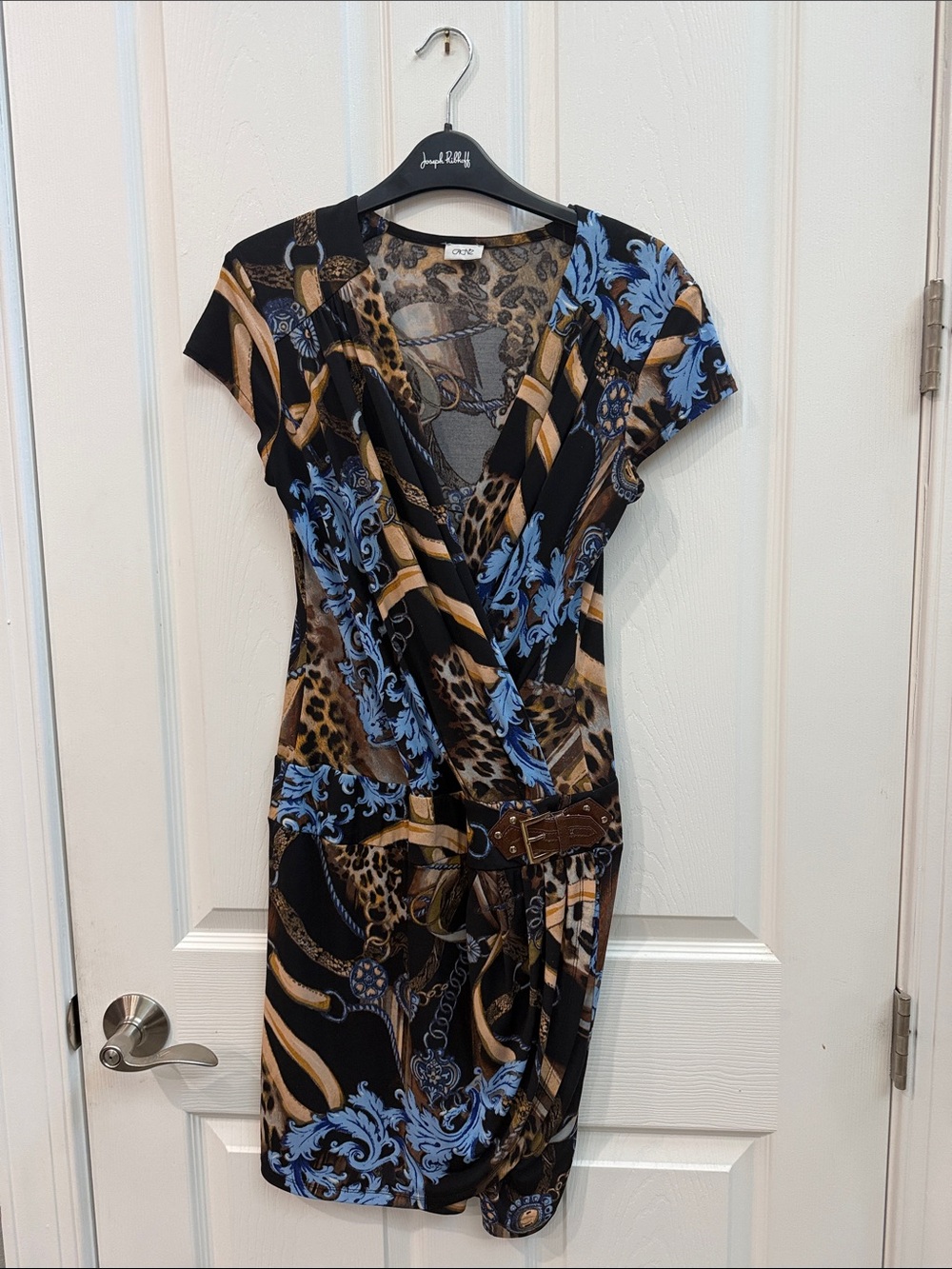 Cache Black, Blue & Brown Printed Faux-Wrap Dress